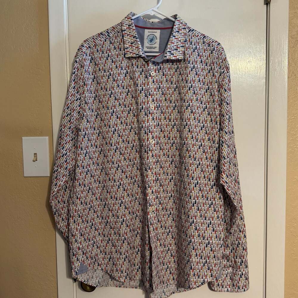 NWOT A Fish Named Fred Men's XL Button-Up Shirt with Colorful Wine Bottle Print